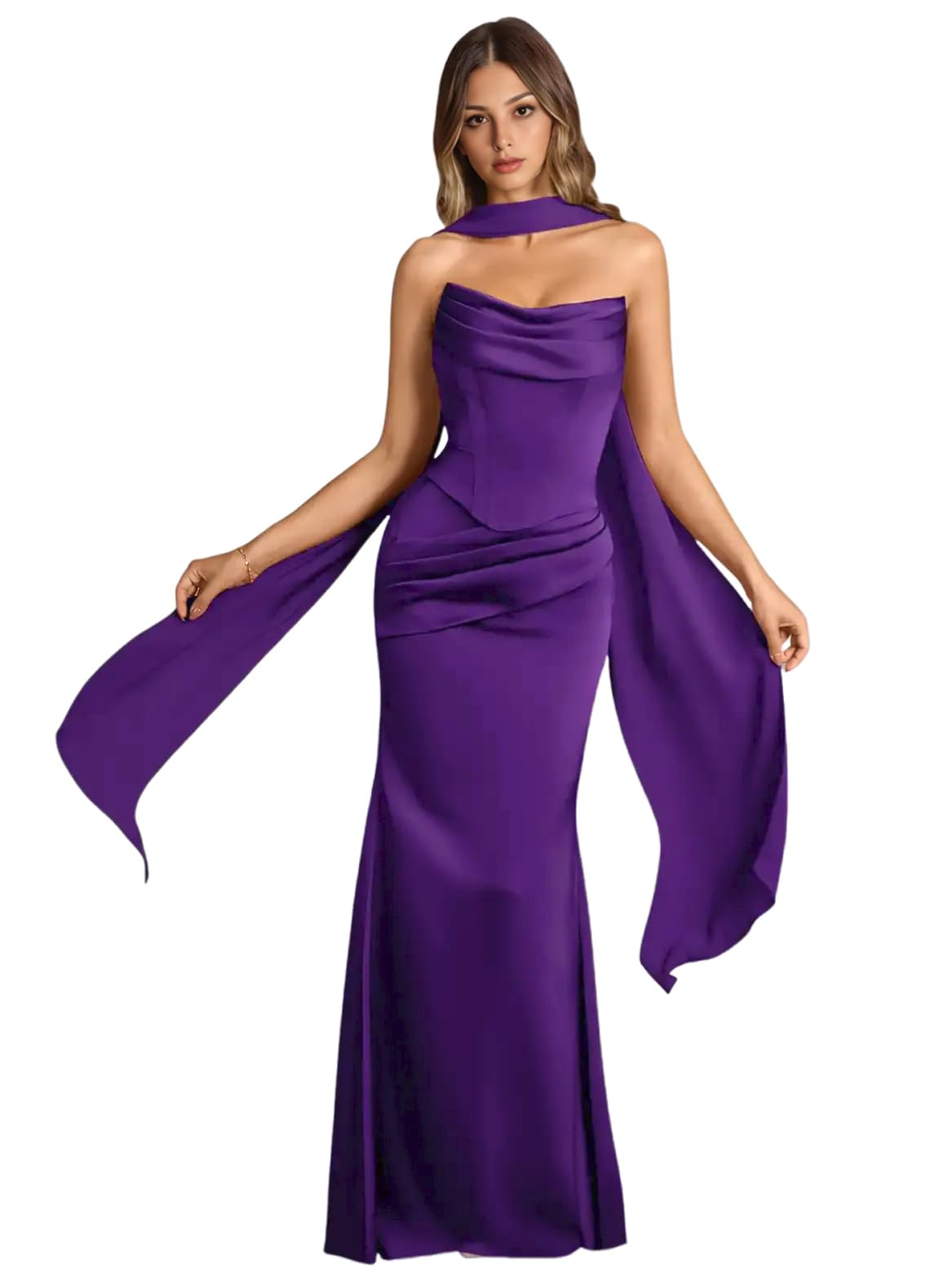 Strapless Satin with Scarf Convertible Long Mermaid Prom Dresses