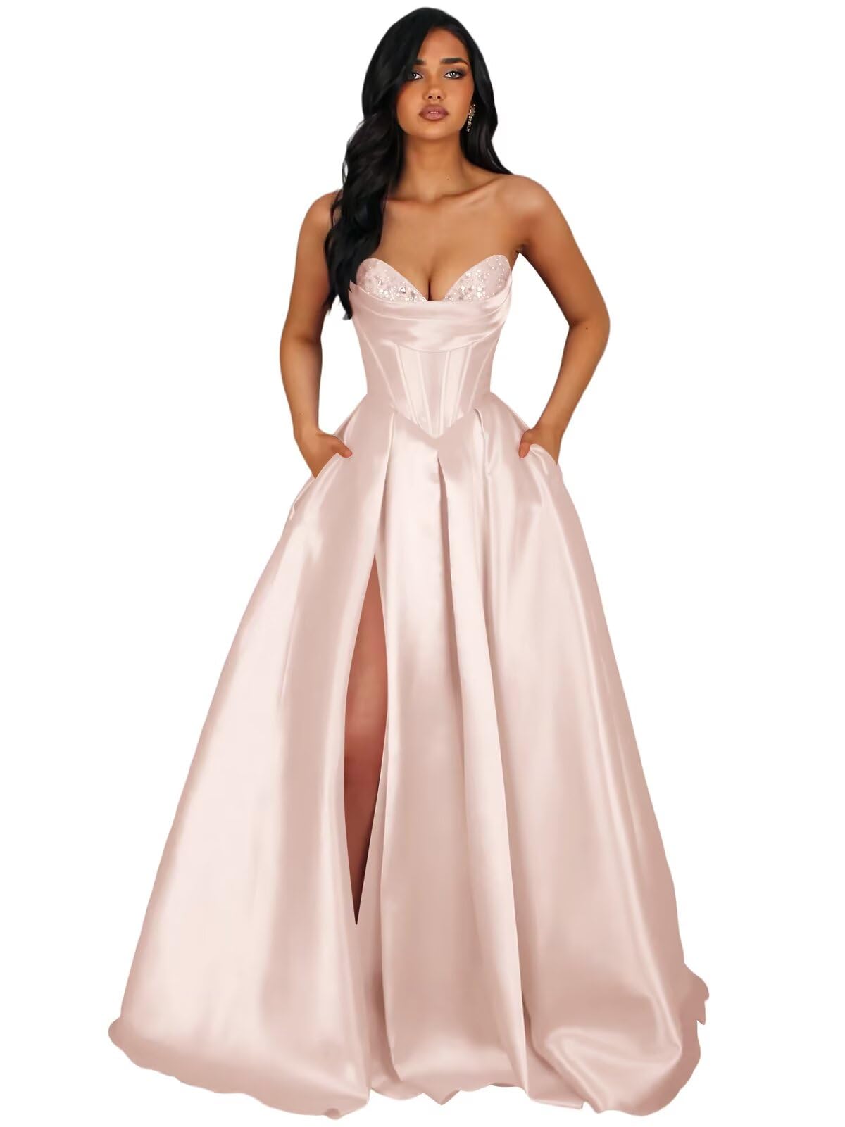 Strapless Satin Prom Dresses Long Formal Evening Cocktail Dress with Slit