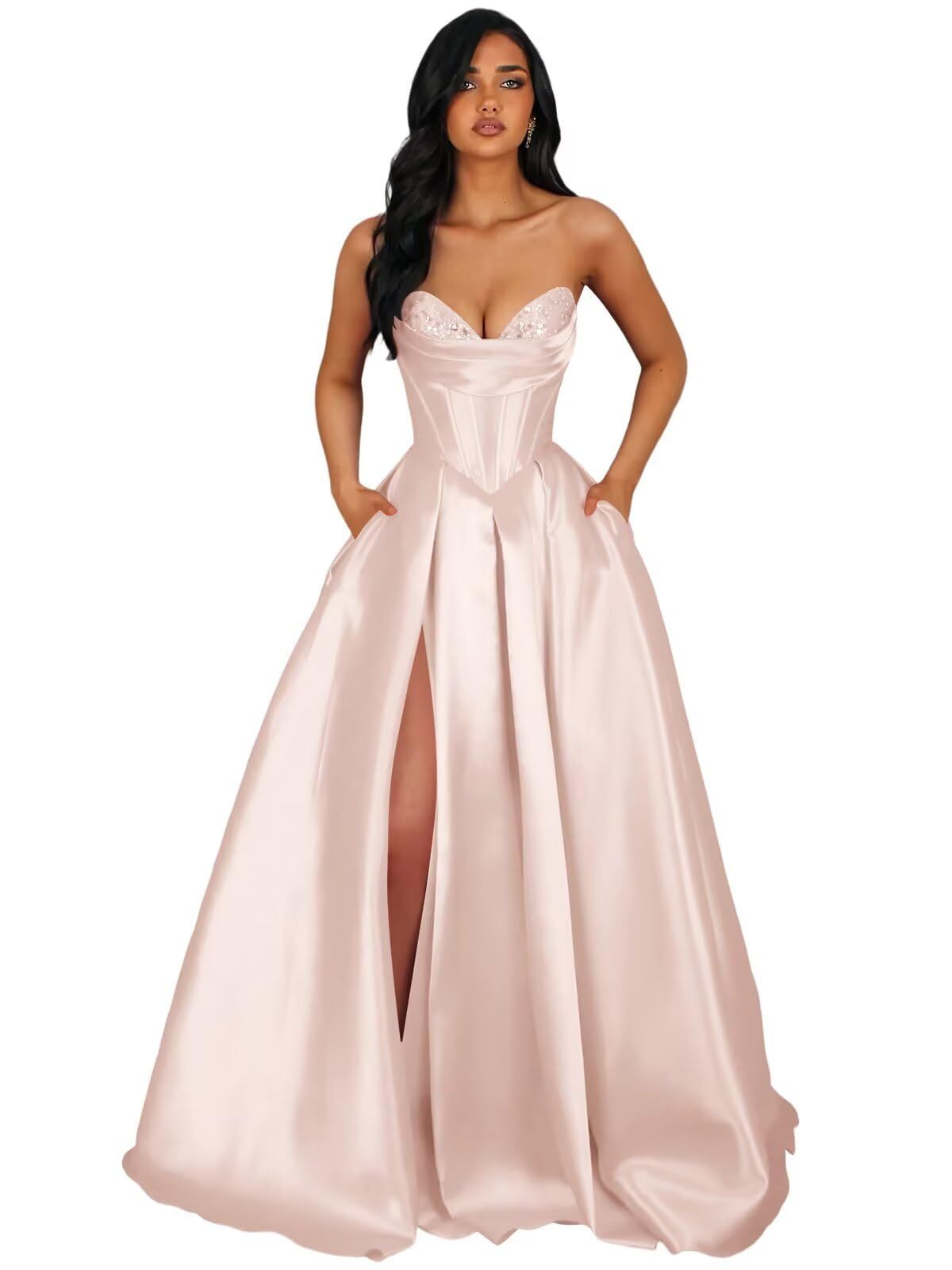 Strapless Satin Prom Dresses Long Formal Evening Cocktail Dress with Slit
