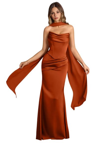 Strapless Satin with Scarf Convertible Long Mermaid Prom Dresses