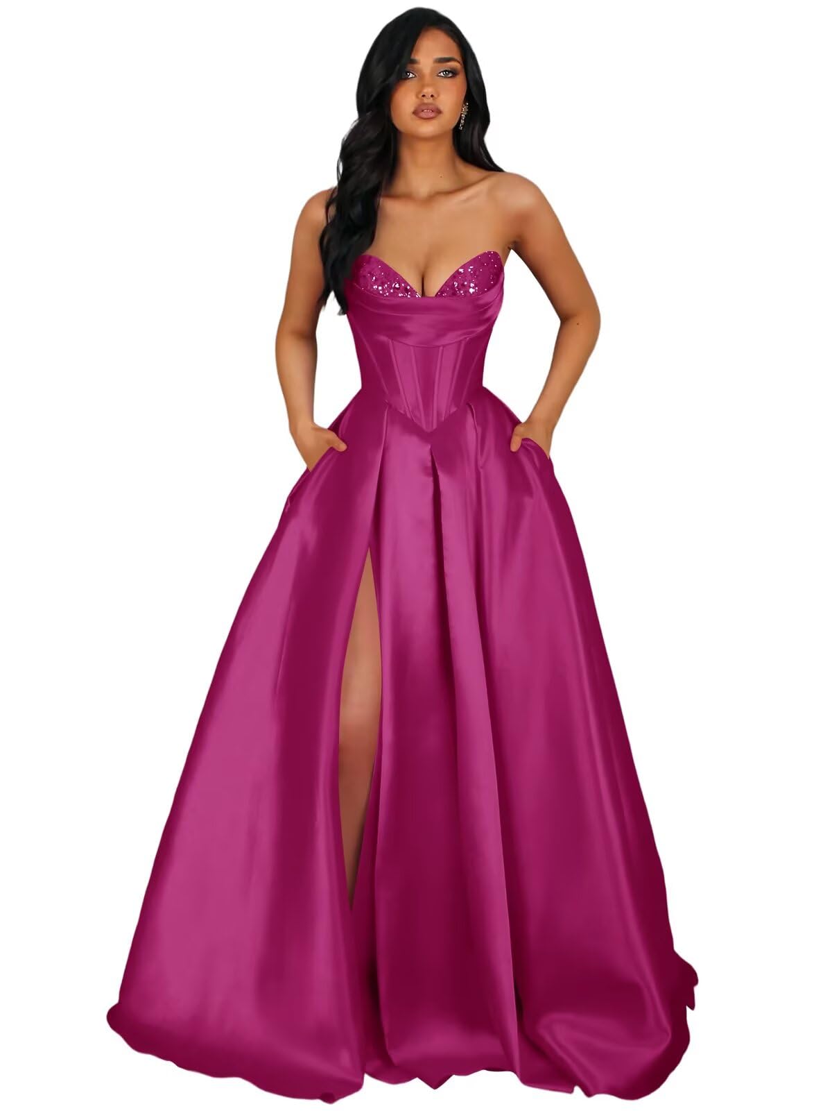 Strapless Satin Prom Dresses Long Formal Evening Cocktail Dress with Slit