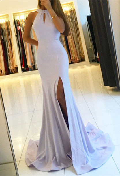 Halter Backless Evening Dress UK | Backless Prom Dress UK With Slit BA7367