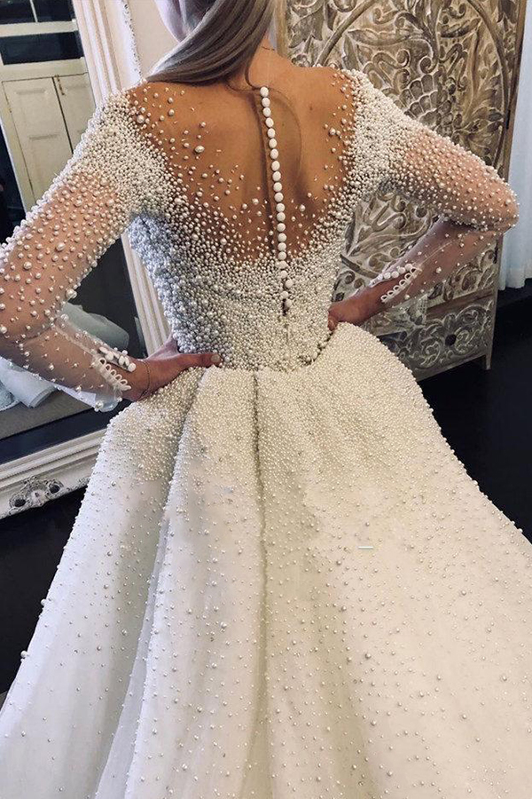 Ivory Long Sleeves Wedding Dress V-neck Bridal Gown Button Fully coverd Pearls with Despatchable Train