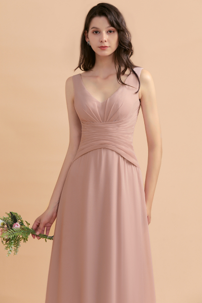 Beautiful Dusty Pink V-Neck Chiffon Bridesmaid Dress