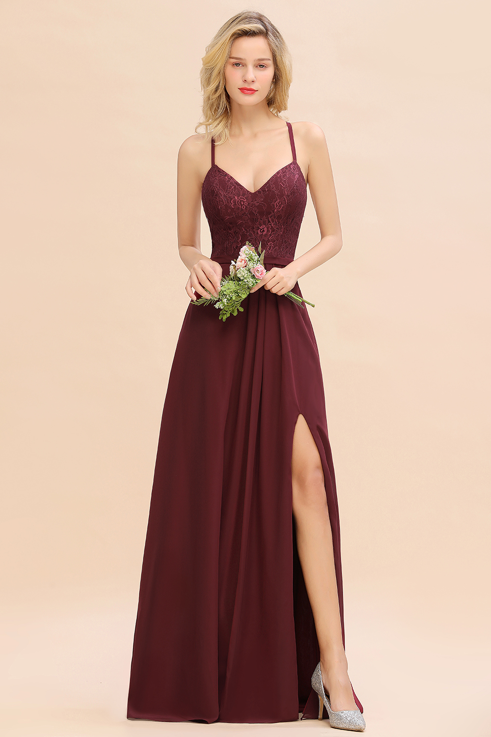 Exquisite Burgindy V-Neck Lace Side Split Long Bridesmaid Dresses