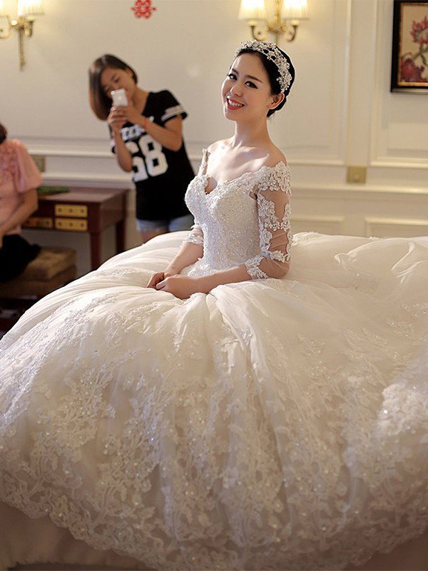 Tulle Ball Gown 3/4 Sleeves Beads Applique Cathedral Train Off-the-Shoulder Wedding Dresses UK