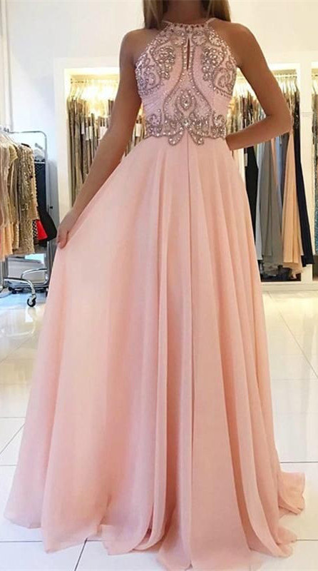 Romactic Pink Halter Applique Prom Dress UKes UK Sleeveless Open Back Elegant Evening Dress UKes UK With Crystal