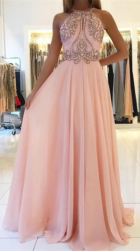 Romactic Pink Halter Applique Prom Dress UKes UK Sleeveless Open Back Elegant Evening Dress UKes UK With Crystal