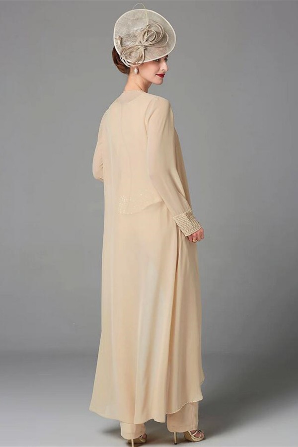 Plus Size Jumpsuit 3 Piece Mother of the Bride Dress Elegant Wrap Included Bateau Neck Floor Length Chiffon Sleeveless with Beading Appliques