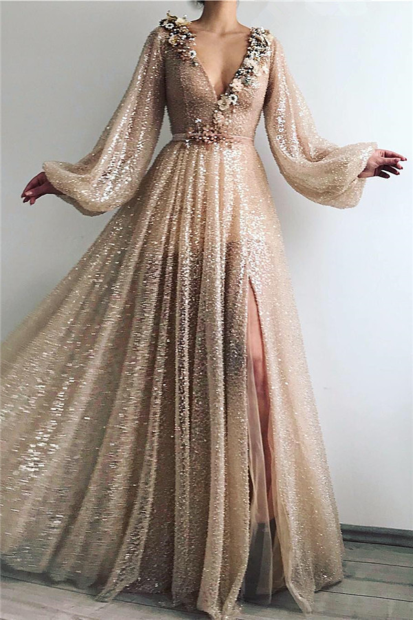 Sparkling Sequins Long Sleeve Prom Dress | Sexy Slit Long Evening Dress UK
