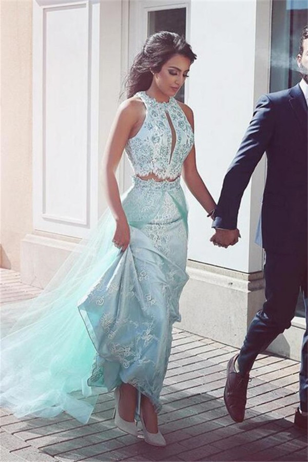 Sexy Two Piece Halter Lace Tulle Prom Dress UKes UK Keyhole Sleeveless Sexy Evening Dress UKes UK Over-skirt
