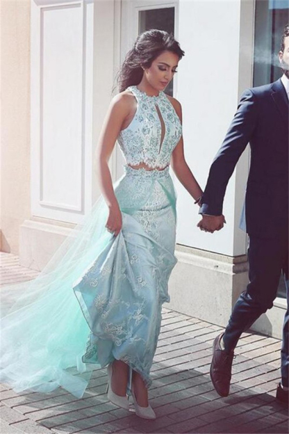 Sexy Two Piece Halter Lace Tulle Prom Dress UKes UK Keyhole Sleeveless Sexy Evening Dress UKes UK Over-skirt