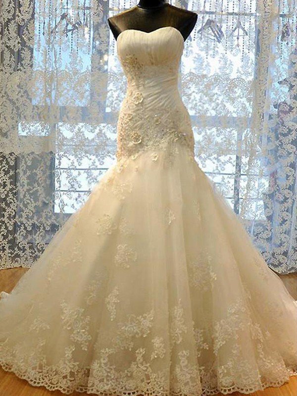 Applique Court Train Sexy Mermaid Sweetheart Tulle Sleeveless Wedding Dresses UK-27Dress.co.uk