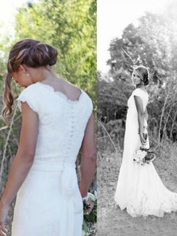 Sweep Train A-Line Lace V-Neck Tulle Sleeveless Wedding Dresses UK