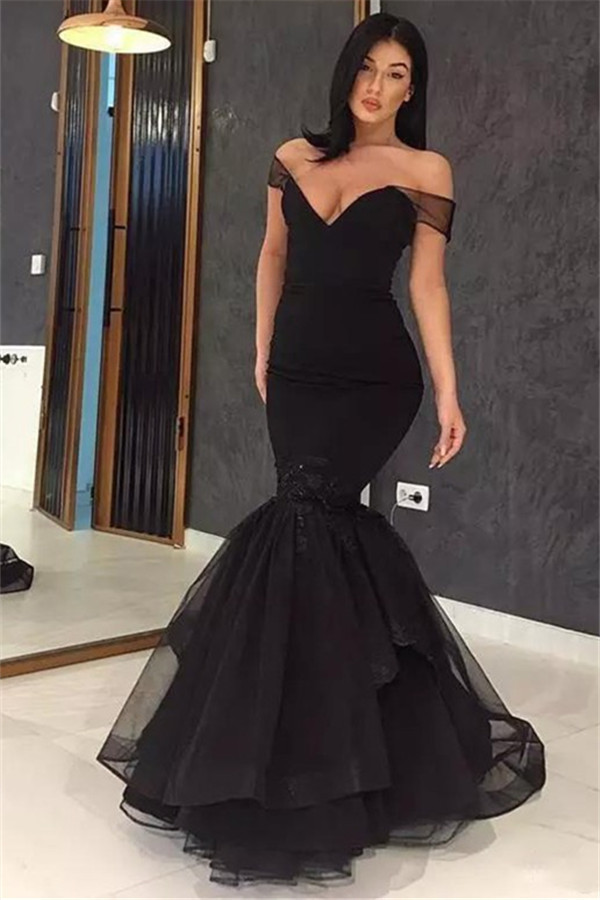 Black Off-the-Shoulder Applique Prom Dress UKes UK Ruffles Mermaid Elegant Evening Dress UKes UK