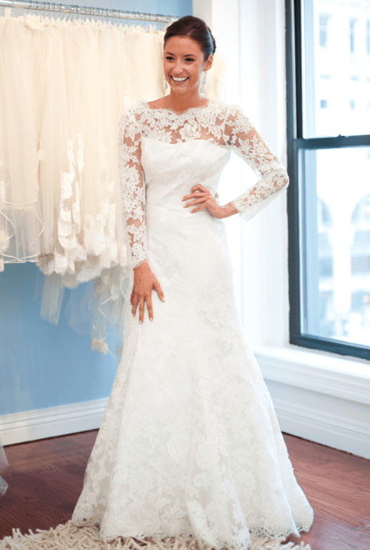 Elegant Lace Long Sleeve Wedding Dress White Sweep Train