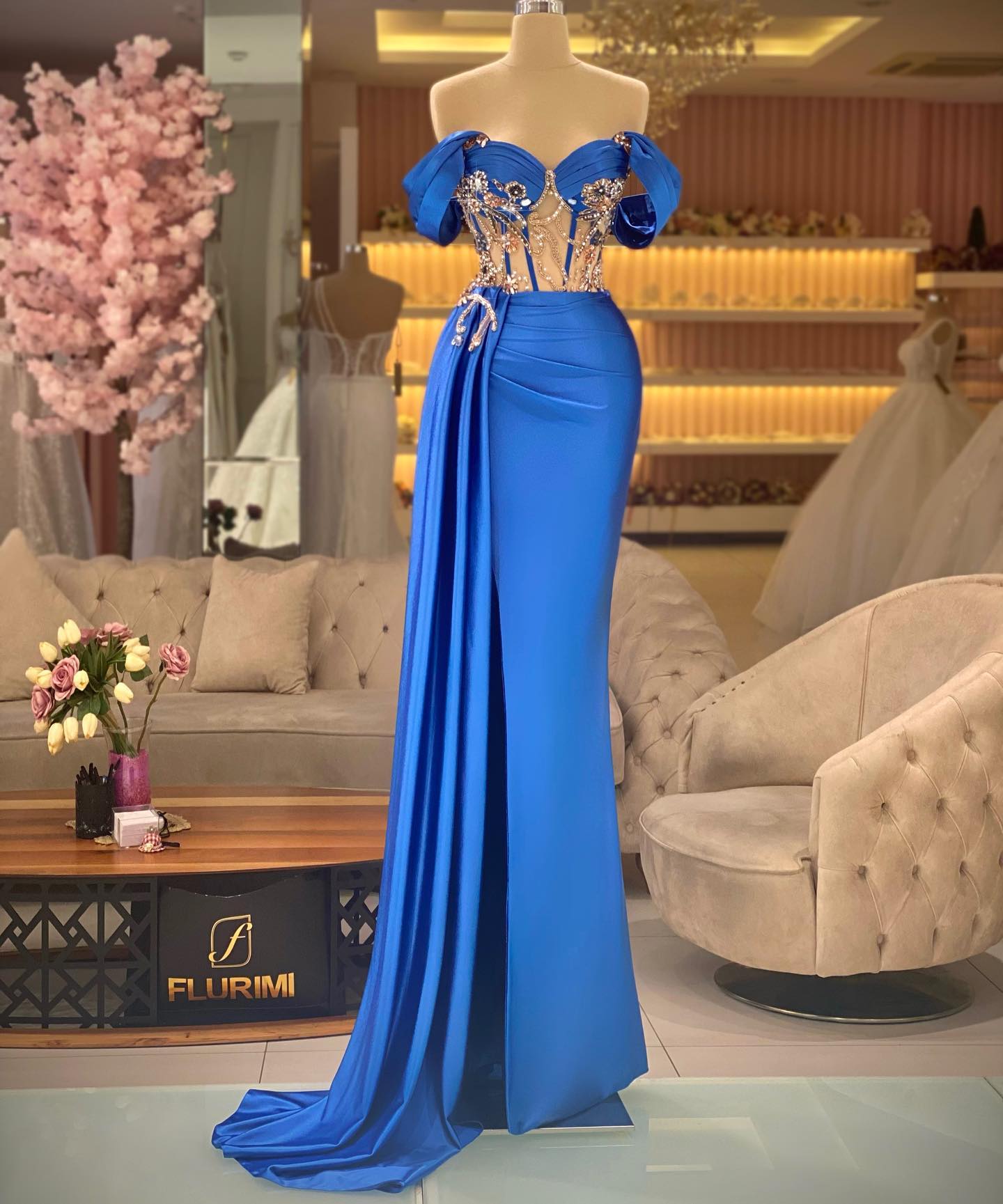 Elegant Off the Shoulder Royal Blue Beaded Sleeveless Prom Dress With Split