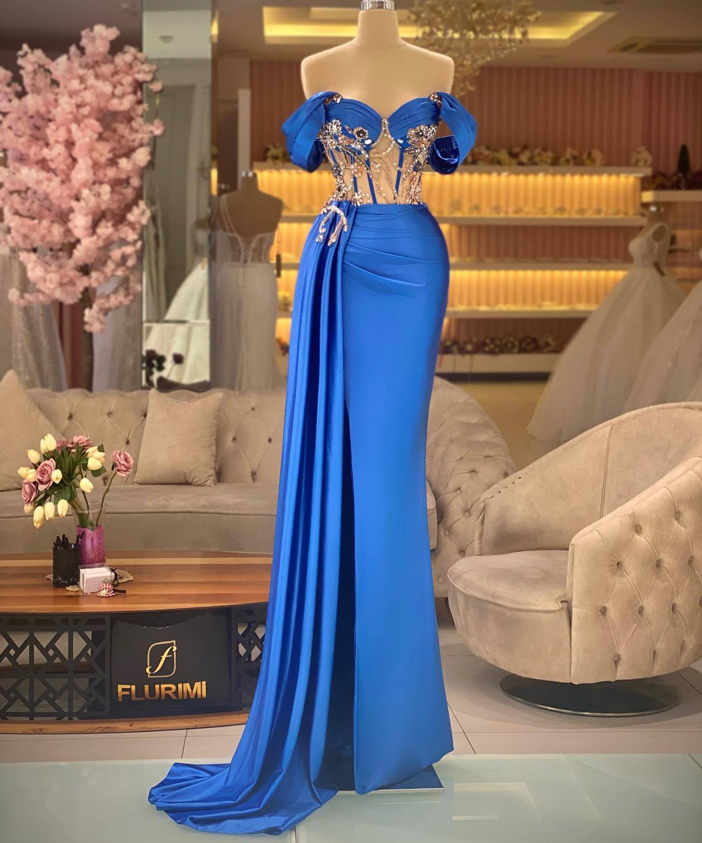 Elegant Off the Shoulder Royal Blue Beaded Sleeveless Prom Dress With Split