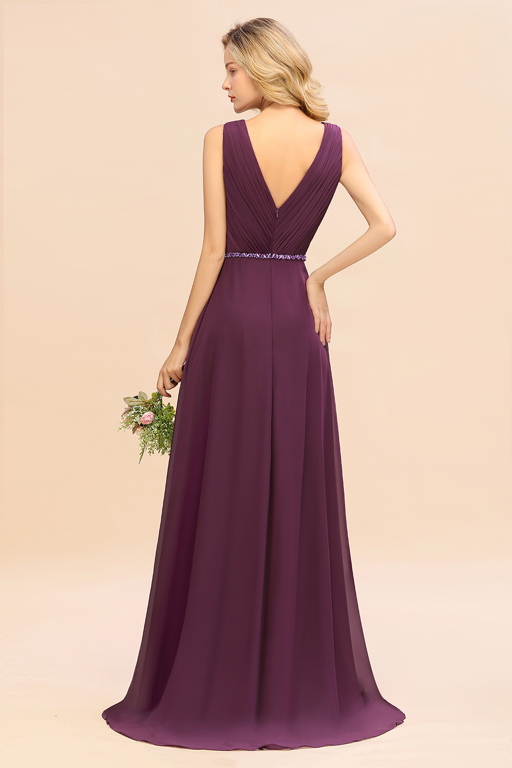 Elegant Grape Hi-Lo Chiffon Bridesmaid Dress with Beadings Sash