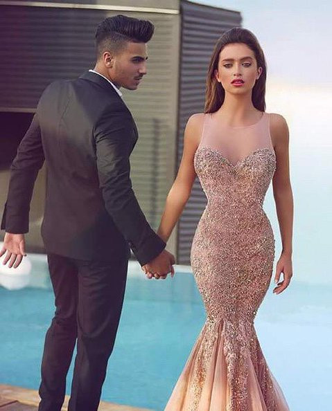 Luxurious Sleeveless Sequins Mermaid Evening Dress UK Tulle Lace Appliques MH100
