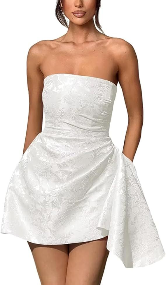 Strapless Ruched Satin Short Party Dress Sleeveless Knee Length Jacquard Homecoming Dress with Pocket