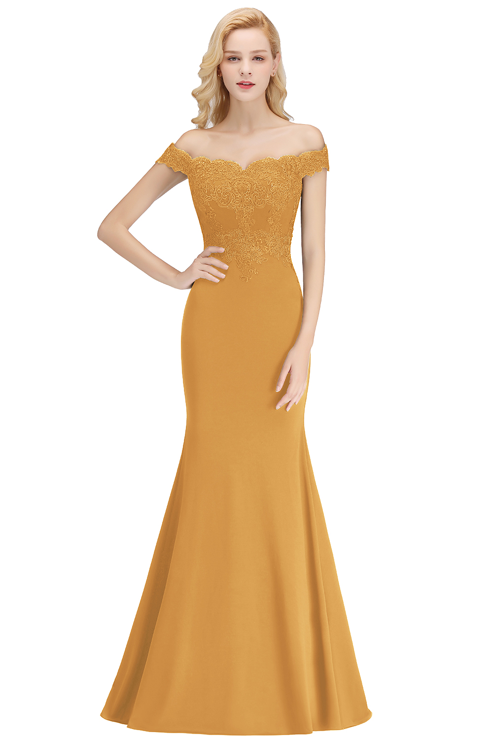 Beautiful Off-the-Shoulder Mermaid Evening Gown with Gold Appliques