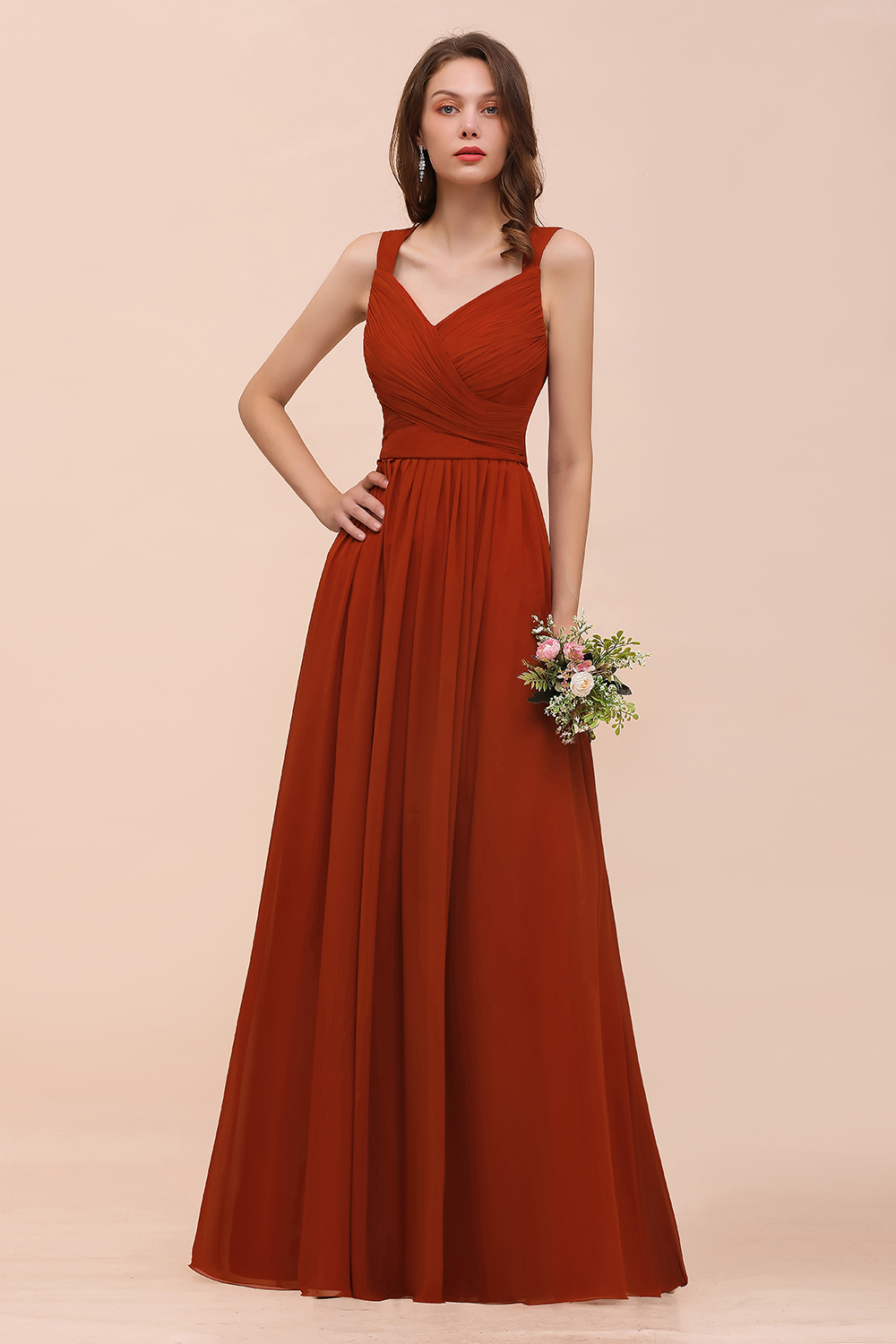 Ruched Chiffon Rust Long Bridesmaid Dress with Straps