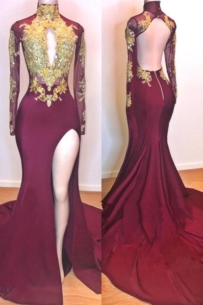 Wine Red Maroon Gold Lace Appliques Evening Dress UKes UK | Long Sleeves Side Slit Open Back Elegant Trumpt Prom Dress UKes UK UK