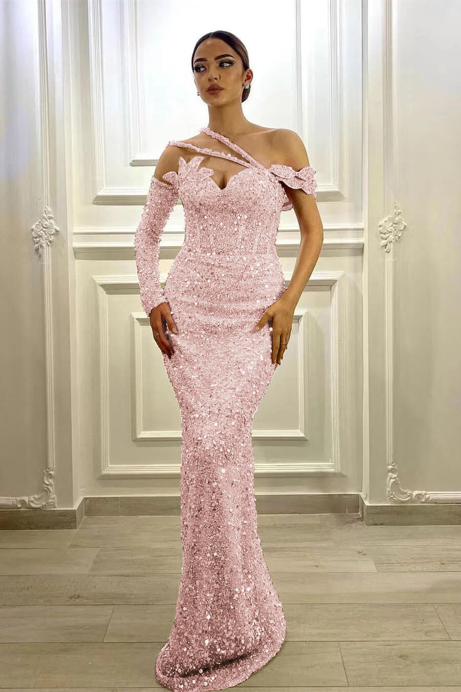 Gorgeous Long Sleeves One Shoulder Lavender Prom Dress Mermaid With Sequins