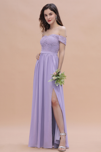 Off-the-Shoulder Lace Chiffon Long Bridesmaid Dresses with Side Slit
