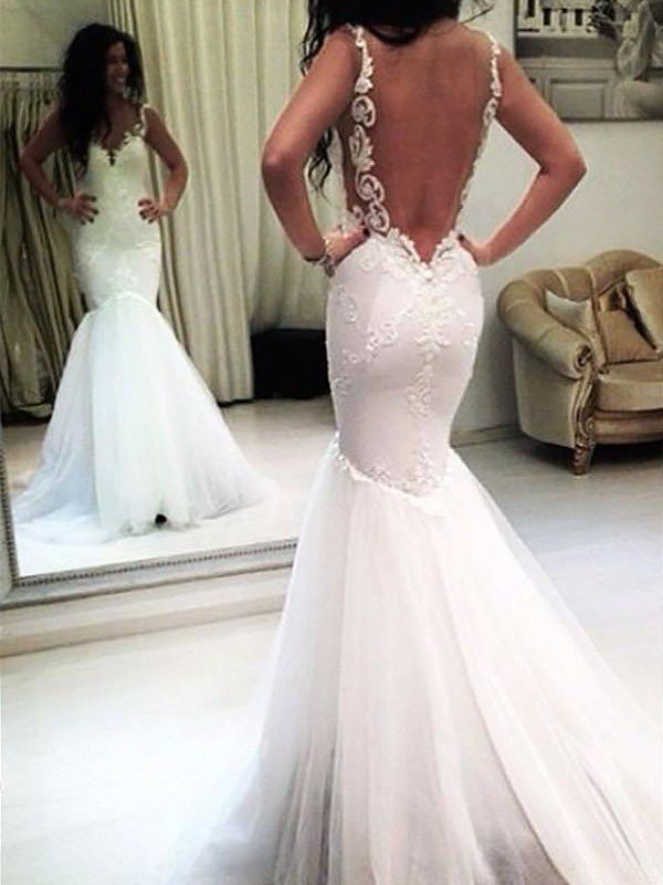 Applique Sexy Mermaid Sleeveless Tulle Spaghetti Straps Wedding Dresses UK