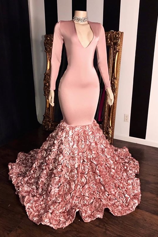 Sweet Pink Long Sleeves Florals Elegant Trumpt Prom Gowns | Sexy V-Neck Evening Dress UK