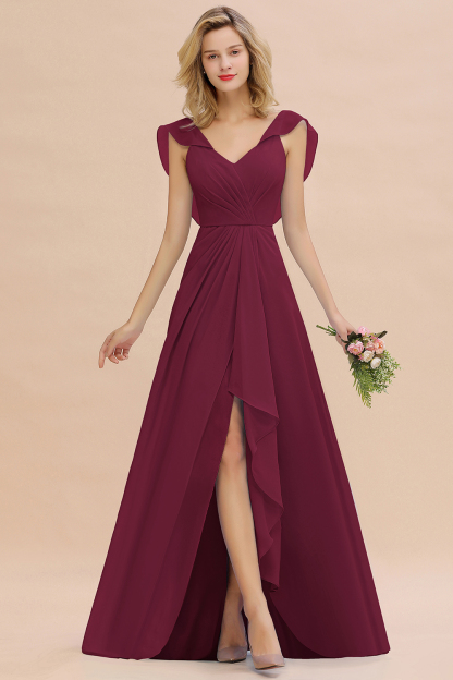 V-Neck A-line Bridesmaid Dress Chiffon Long Wedding Party Dress with Split