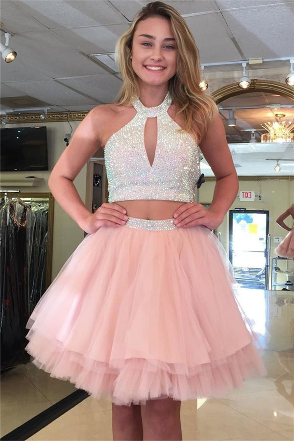 Sexy Keyhole Two Piece Party Dresses Cheap | Tulle Sequins Short Evening Dress