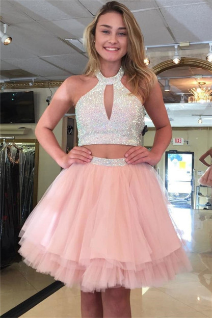 Sexy Keyhole Two Piece Party Dresses Cheap | Tulle Sequins Short Evening Dress