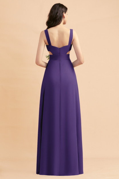 Dusty Blue Chiffon Bridesmaid Dress with Side Slit Long Wedding Guest Dress