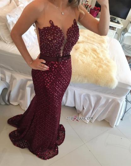 Sweep-Train Luxury Burgundy Sequined Sleeveless Bow Mermaid Prom Dress UK BT007