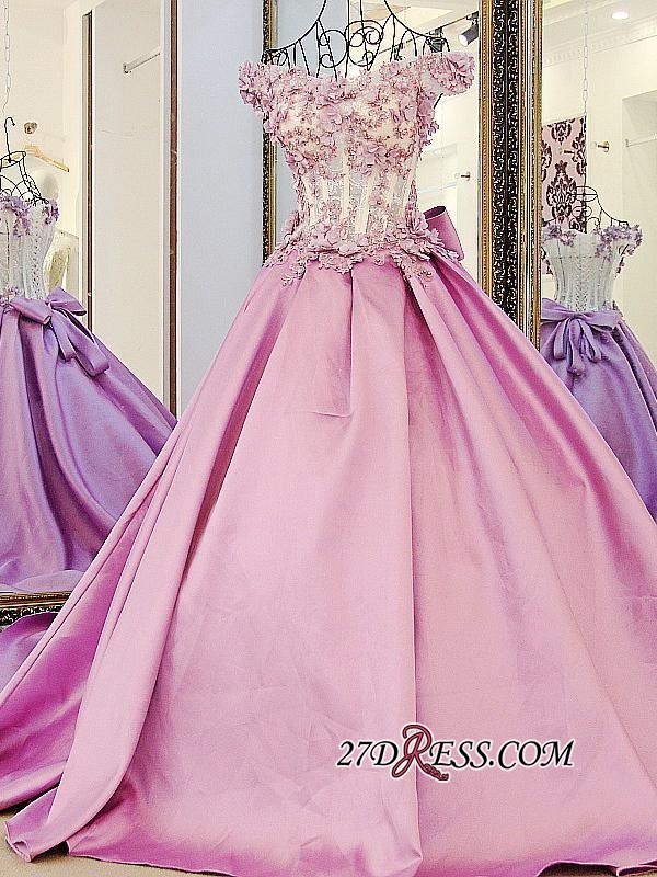 Off-the-Shoulder Puffy Beaded Applique Flowers Pink Prom Dress UKes UK With Bows