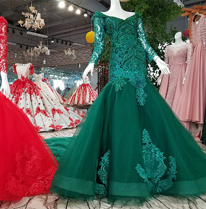 Mermaid Beads Chapel Train Long Sleeves Tulle Applique Prom Dress UK UK