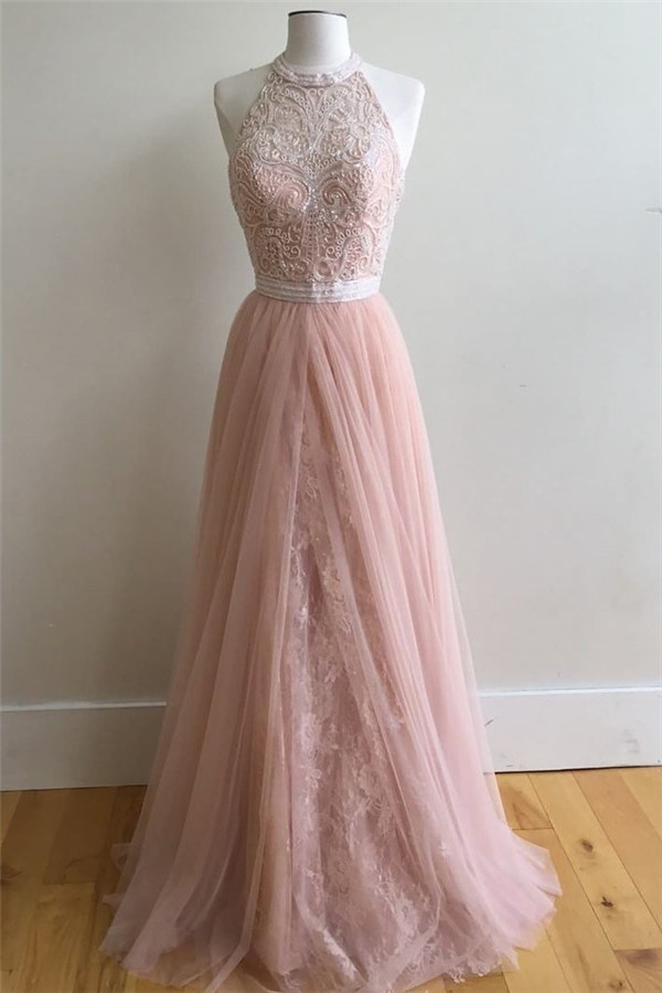 Sexy Lace Appliques Overskirt halter Prom Dress UKes UK Sleeveless Evening Dress UKes UK with Beads