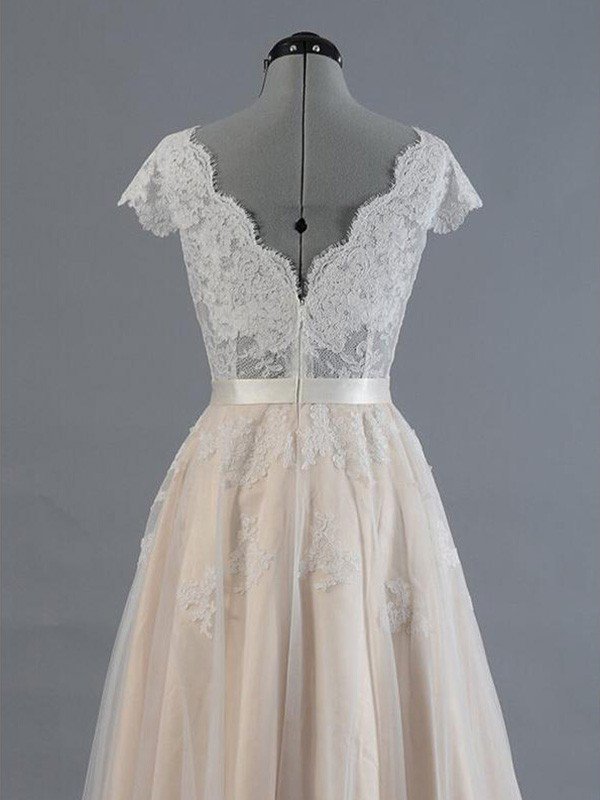 Sweep Train A-Line Sleeveless Applique Lace V-neck Wedding Dresses UK-27Dress.co.uk