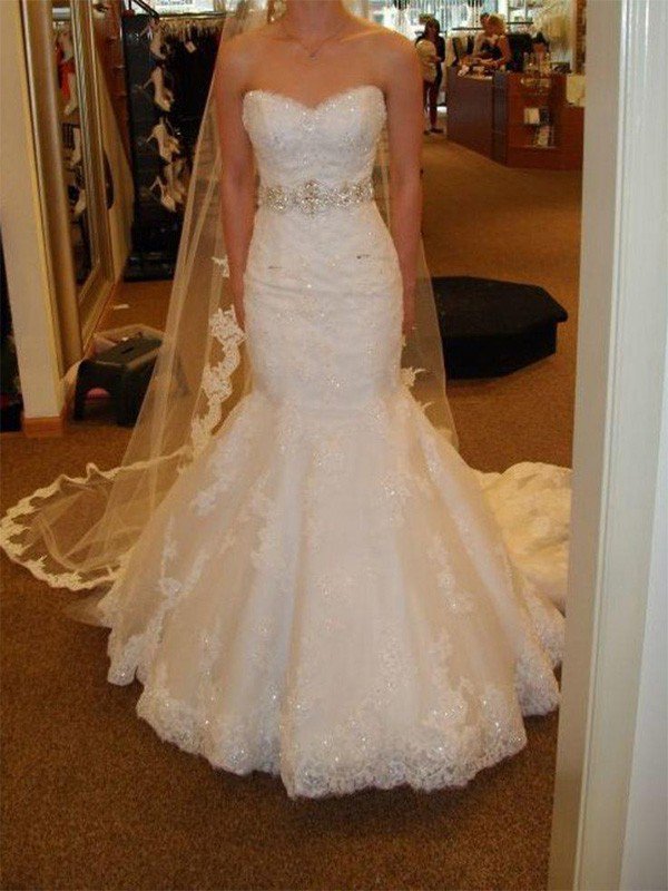 Lace Tulle Sexy Mermaid Sleeveless Court Train Sweetheart Ribbon Wedding Dresses UK