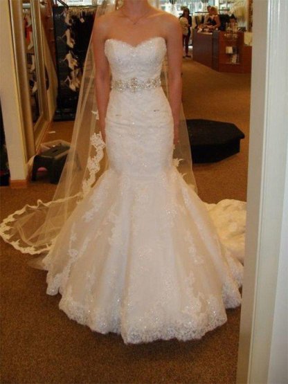 Lace Tulle Sexy Mermaid Sleeveless Court Train Sweetheart Ribbon Wedding Dresses UK