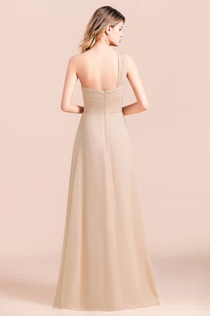 Elegant One Shoulder Lace Chiffon Champagne Bridesmaid Dress with Front Split