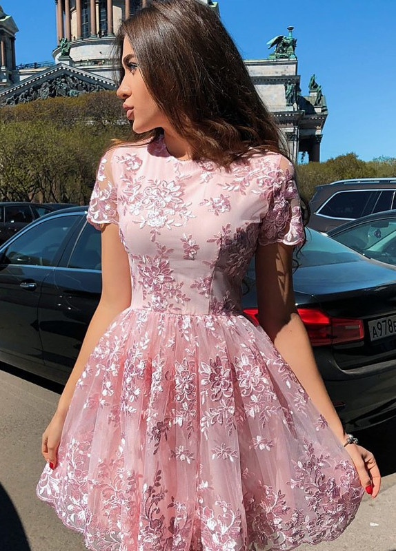 Elegant Short Sleeve Homecoming Dresses | Pink Lace Mini Party Gowns