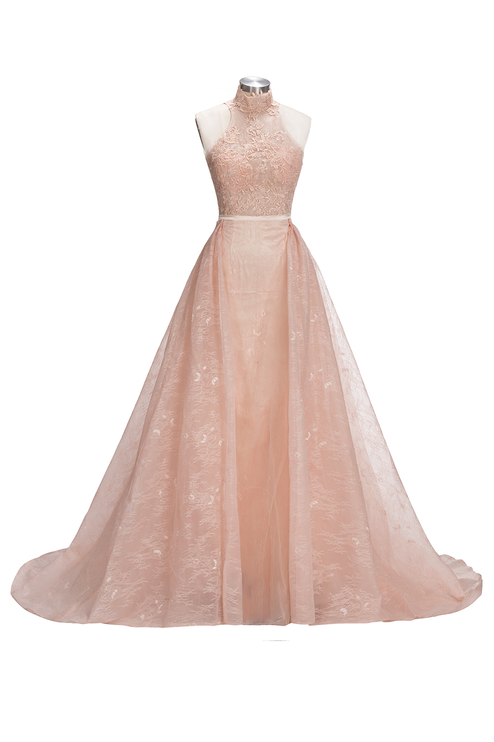 Popular Illusion Sleeveless High-Neck Unique Lace Sheath Puffy Overskirt Prom Dress UK jj0157