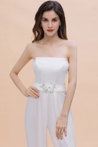 Elegant Strapless White Satin Jumpsuits with Beading Flower