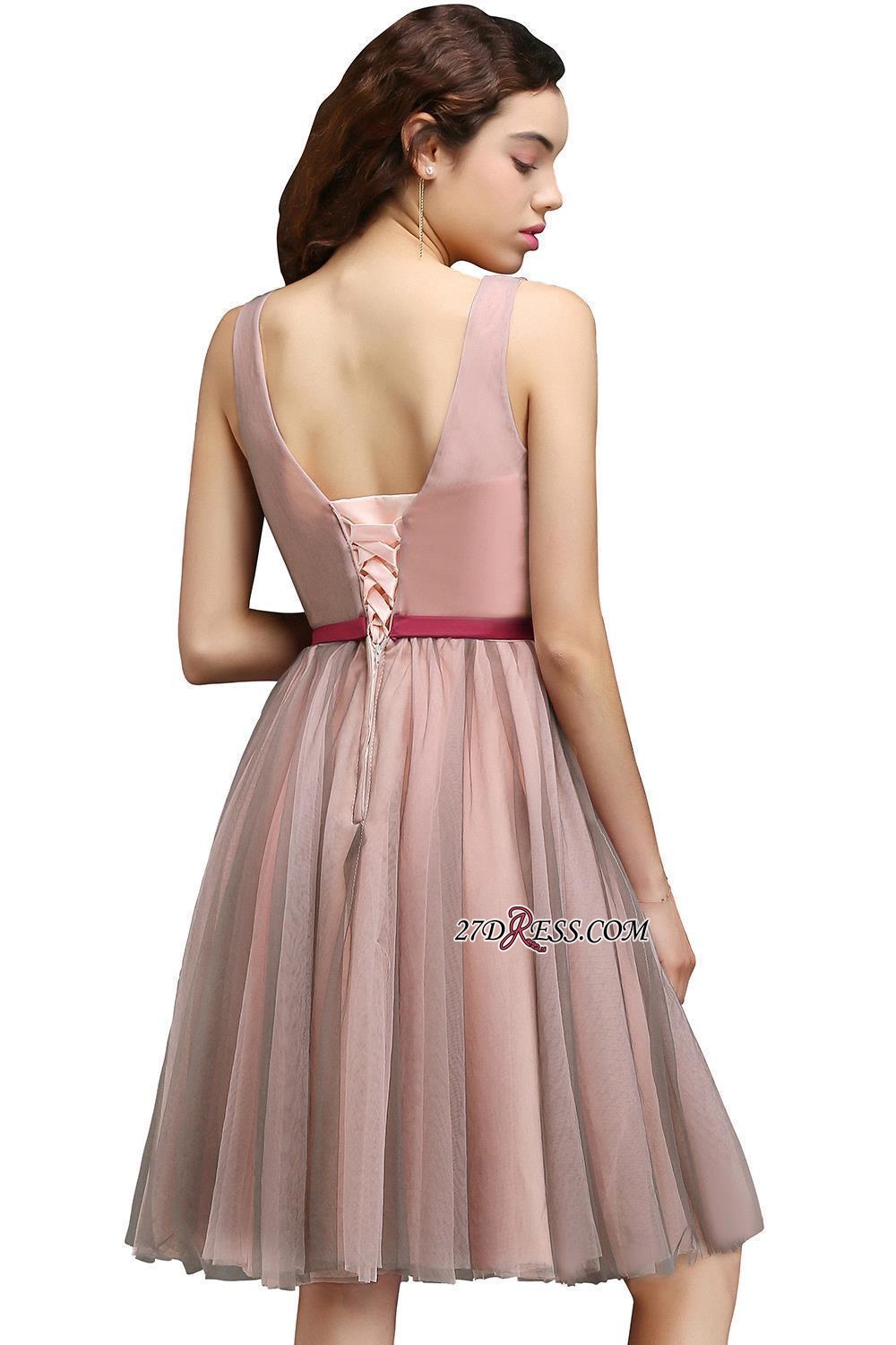 Burgundy-Flowers Romantic V-Neck Sash Open-Back A-line Homecoming Dress  UKes UK
