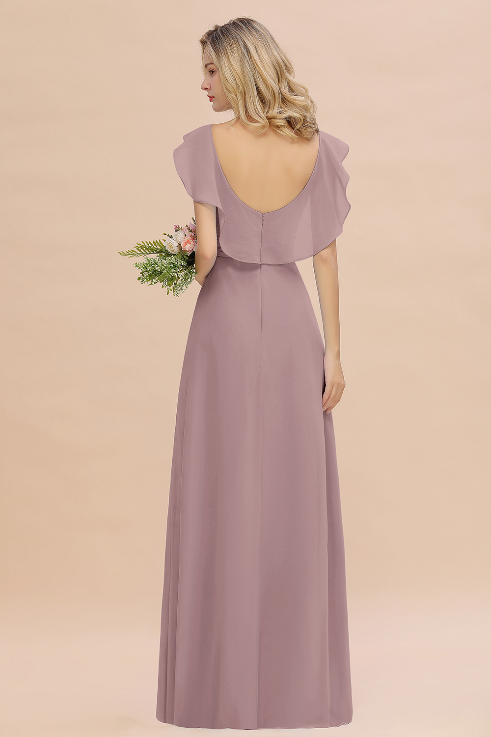 V-Neck A-line Bridesmaid Dress Chiffon Long Wedding Party Dress with Split