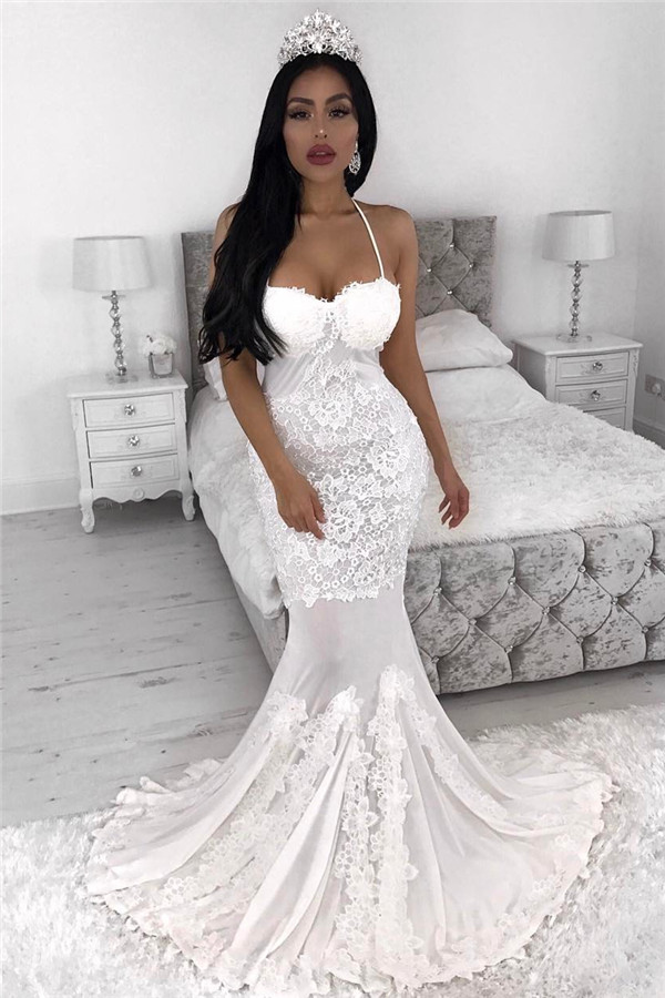 Straps Sexy Mermaid Wedding Dresses UK | Lace Appliques Wedding Dress